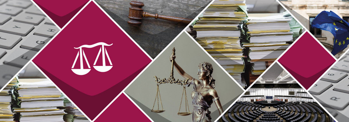 Themenbild zum Thema Alles was Recht ist mit einer Bildercollage aus Akten, einer Justizia, einem Richterhammer, einer Eu-Flagge und dem EU-Parlamentund