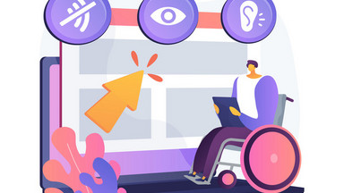 Illustration einer Frau im Rollstuhl. Im Hintergrund sind Ikonografien der Sinnesbehinderungen.