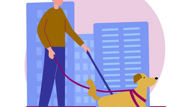 Ein blinder Mann mit einem Hund und einem Langstock