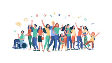 Viele Menschen mit und ohne Behinderung winken in die Kamera. Abstrakte Grafik.