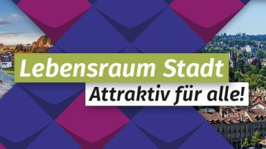 Foto von einem Dorf und einer Stadt von oben, darüber der Text "Lebensraum Stadt - Attraktiv für alle!"