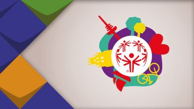 bunte Kacheln der KSL.NRW und das Logo der Landesspiele in Münster