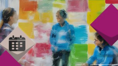 KI-generierte Zeichnung von drei Personen, die ein Gespräch führen. Darauf ein Symbol eines Kalenders.