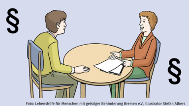 Zwei Personen sitzen an einem Tisch und unterhalten sich. Foto: Lebenshilfe Bremen e.V.